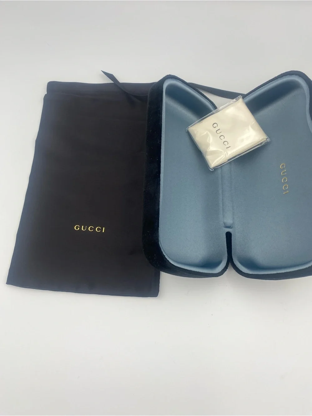 Gucci Black Exterior Sunglass Case with Light Blue Interior and Cloth